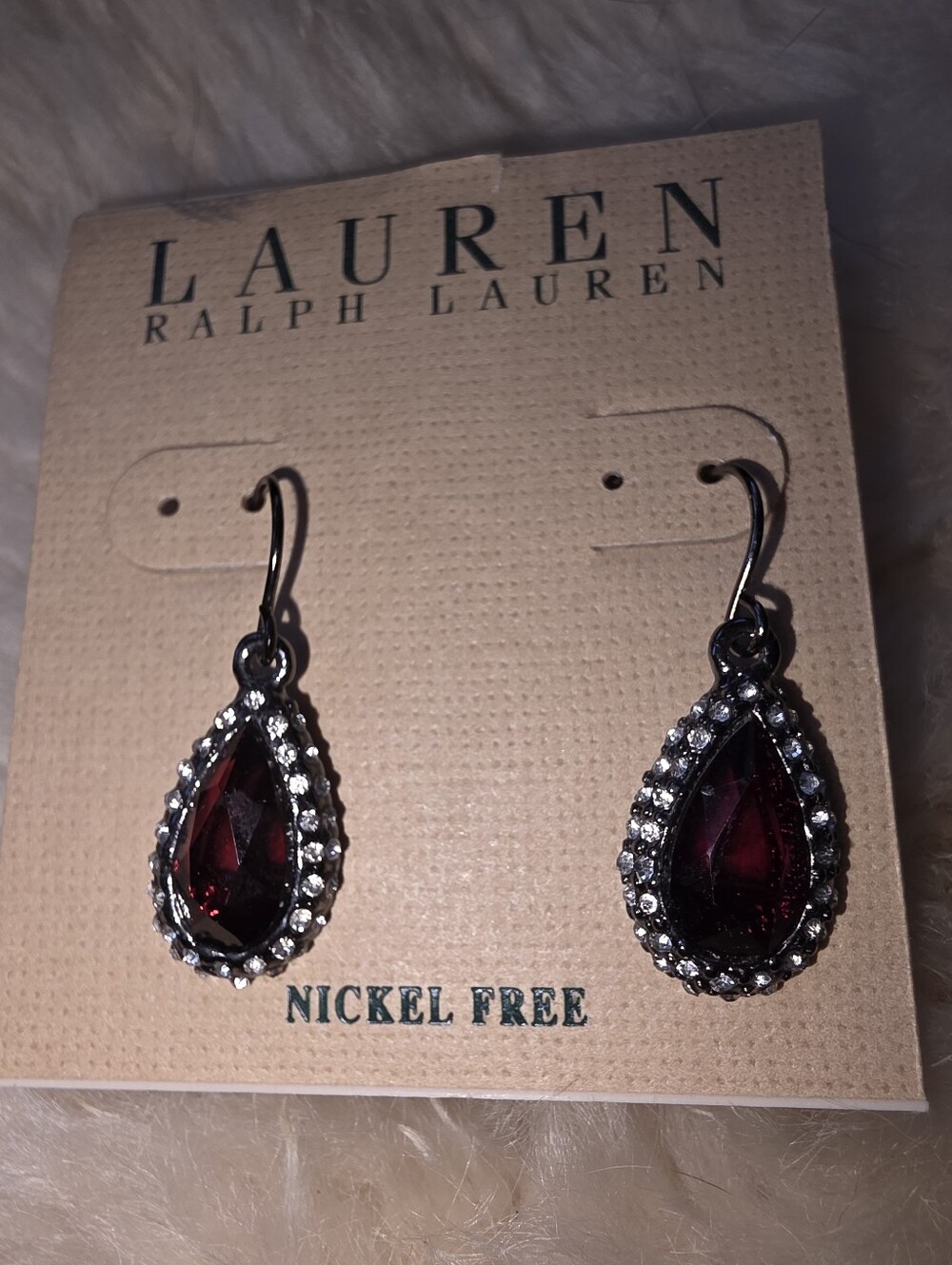 Lauren Ralph Lauren Ruby Red Crystal Teardrop Earrings Gunmetal Pavé Halo NWT